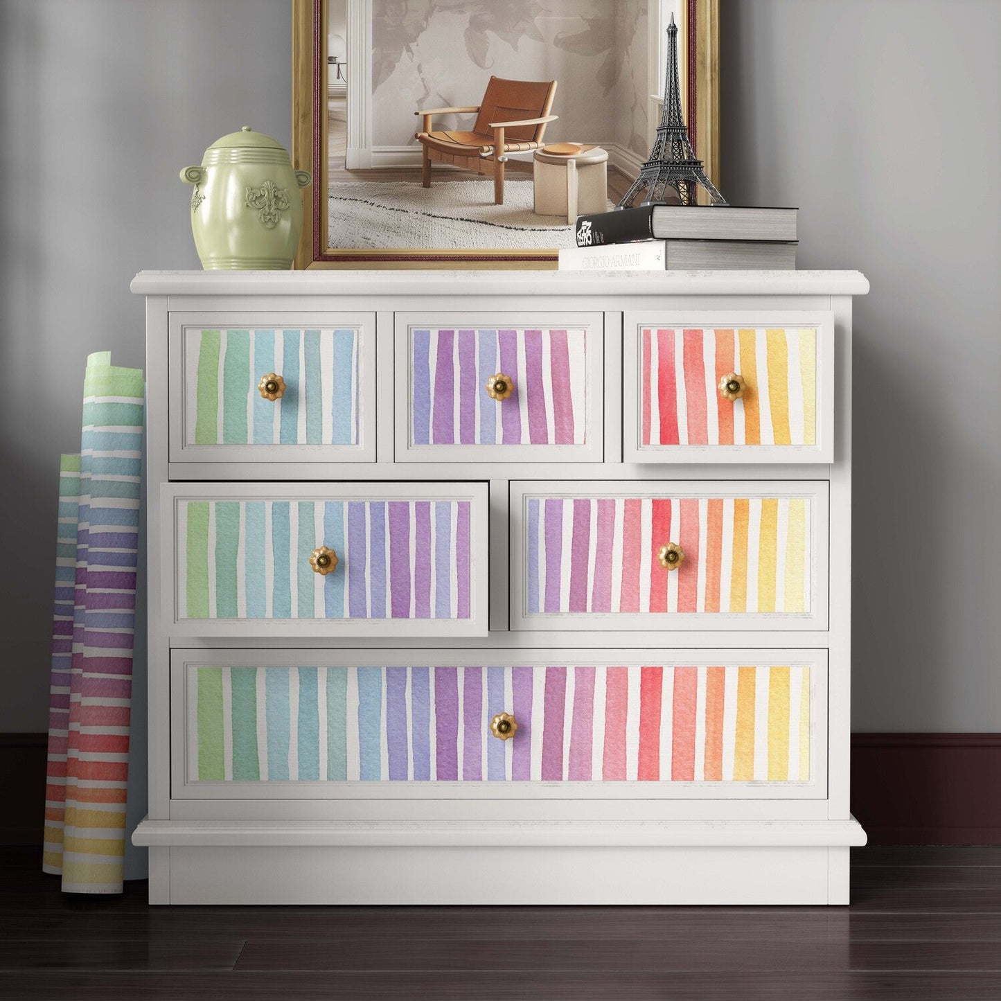 Schrankeinlage mit Regenbogen-Aquarellstreifen – Umweltfreundliches Dekorpapier für Schubladen und Möbel