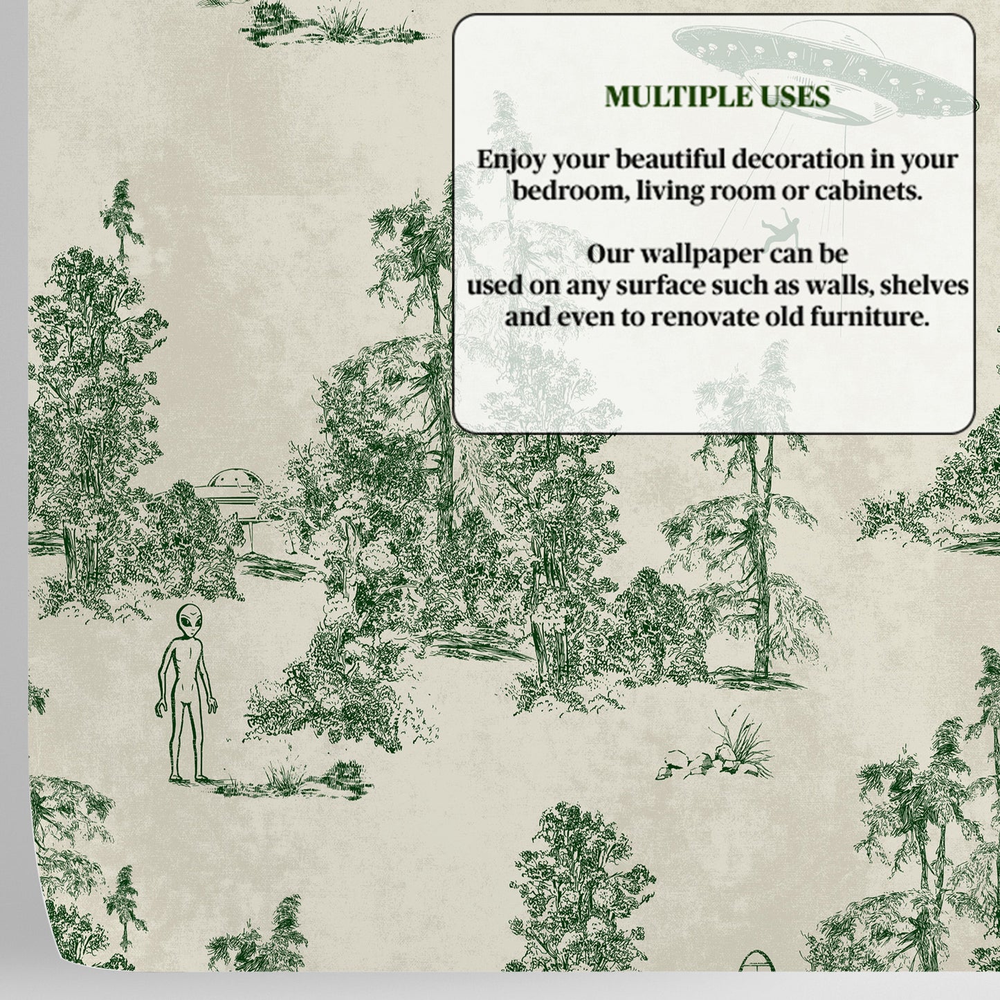 Alien Abduction Toile de Jouy Wallpaper in Green