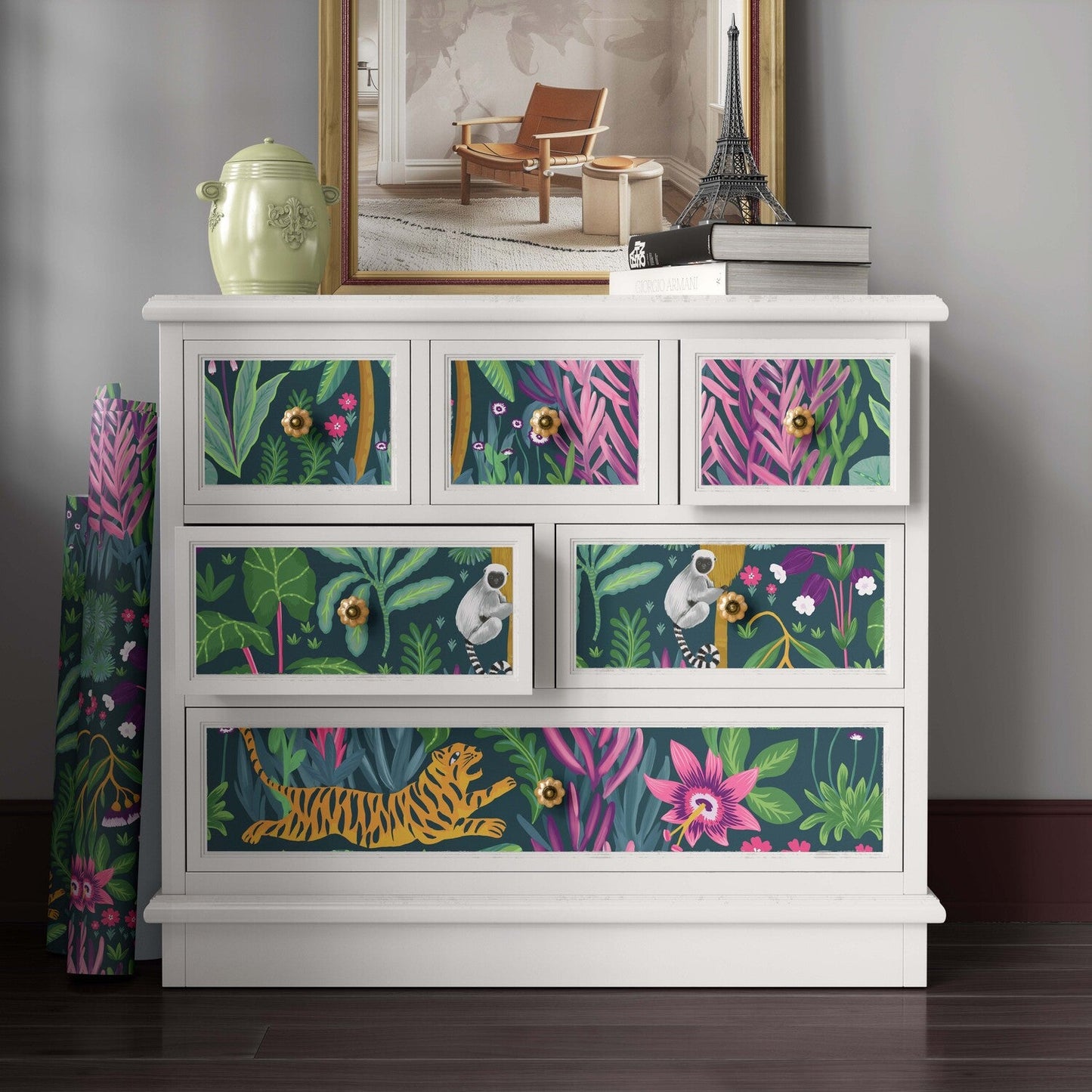 Jungle Animals and Tropical Plants Cabinet Liner – Eco-Friendly Decorative Paper for Drawers and Furniture