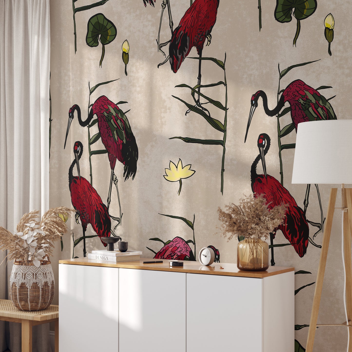 Crimson Crane Elegance Wallpaper