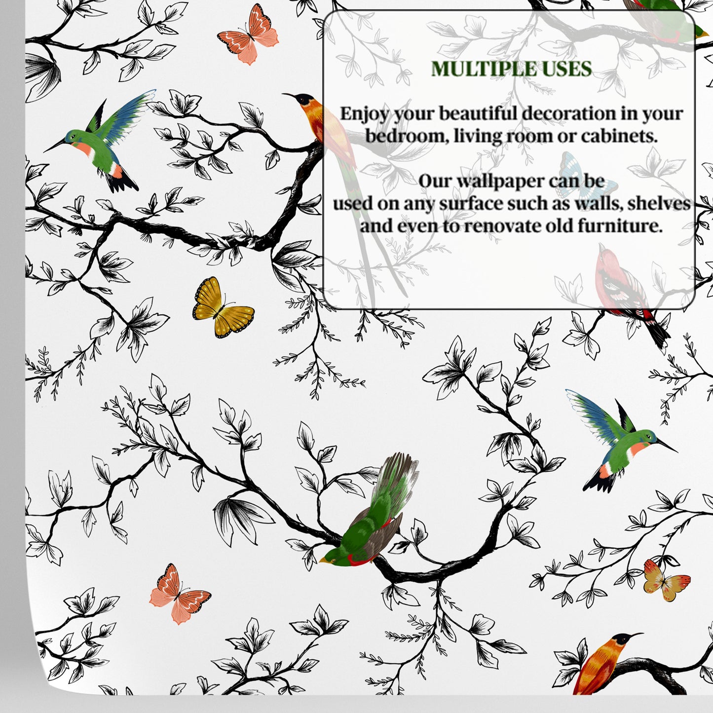 Floral Birds and Butterflies Cabinet Liner – Eco-Friendly Decorative Paper for Drawers and Furniture