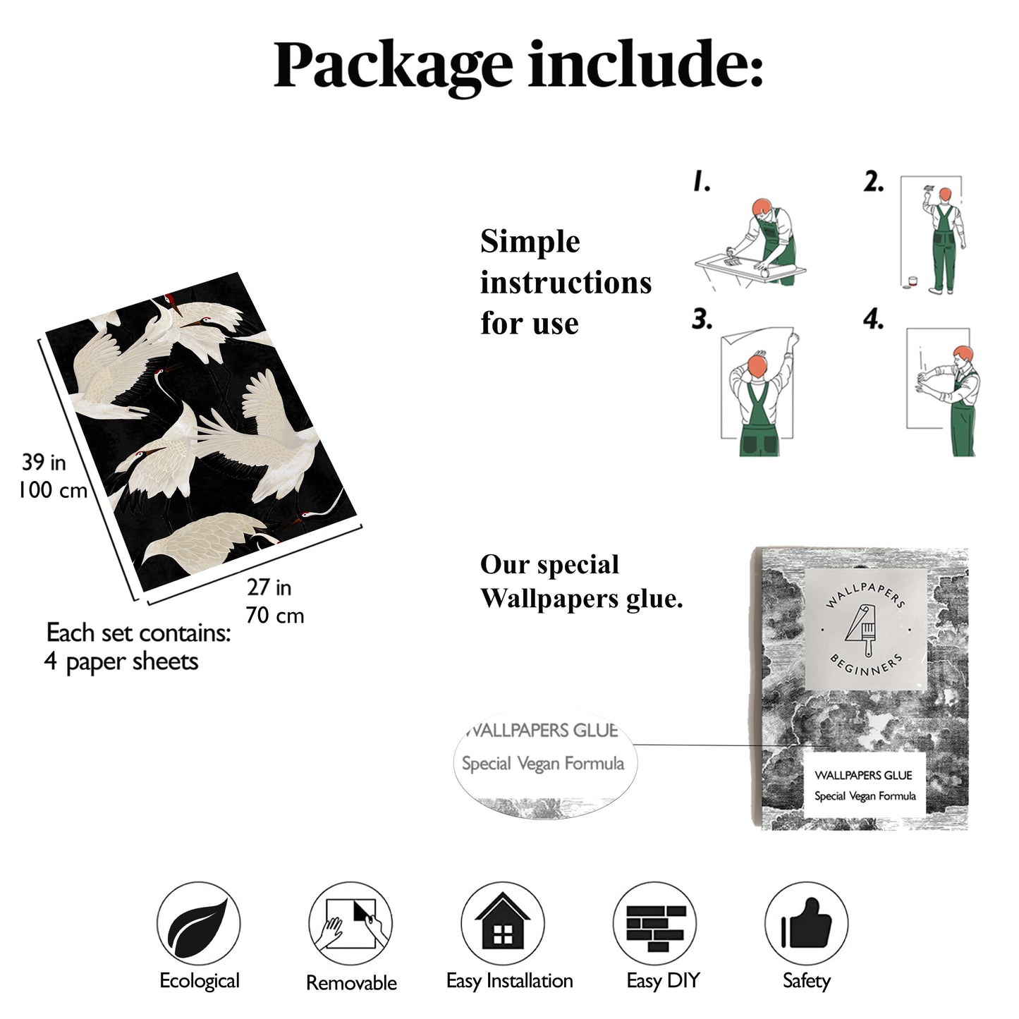 Elegant Black Crane Cabinet Liner – Eco-Friendly Decorative Paper for Drawers and Furniture