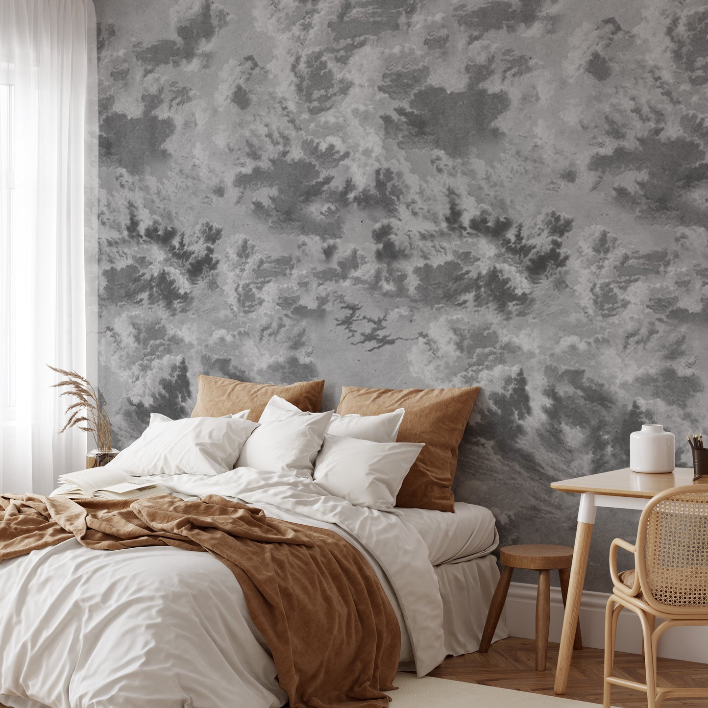 Black and White Extra Large Vintage Clouds Sky Wallpaper