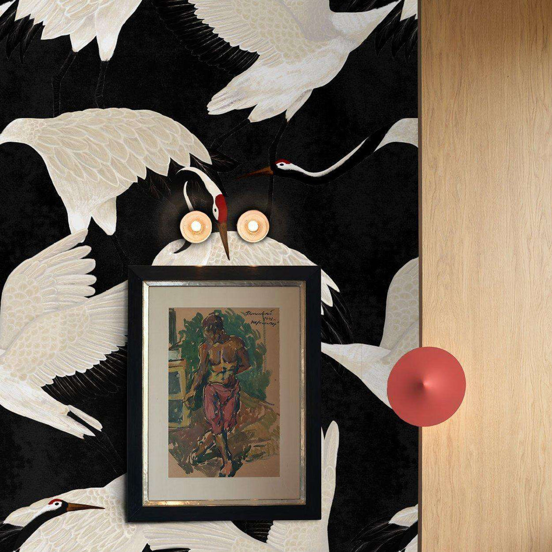 Black heron chinoiserie wallpaper in a dining room