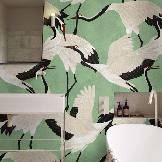 Green heron chinoiserie wallpaper printed on real paper