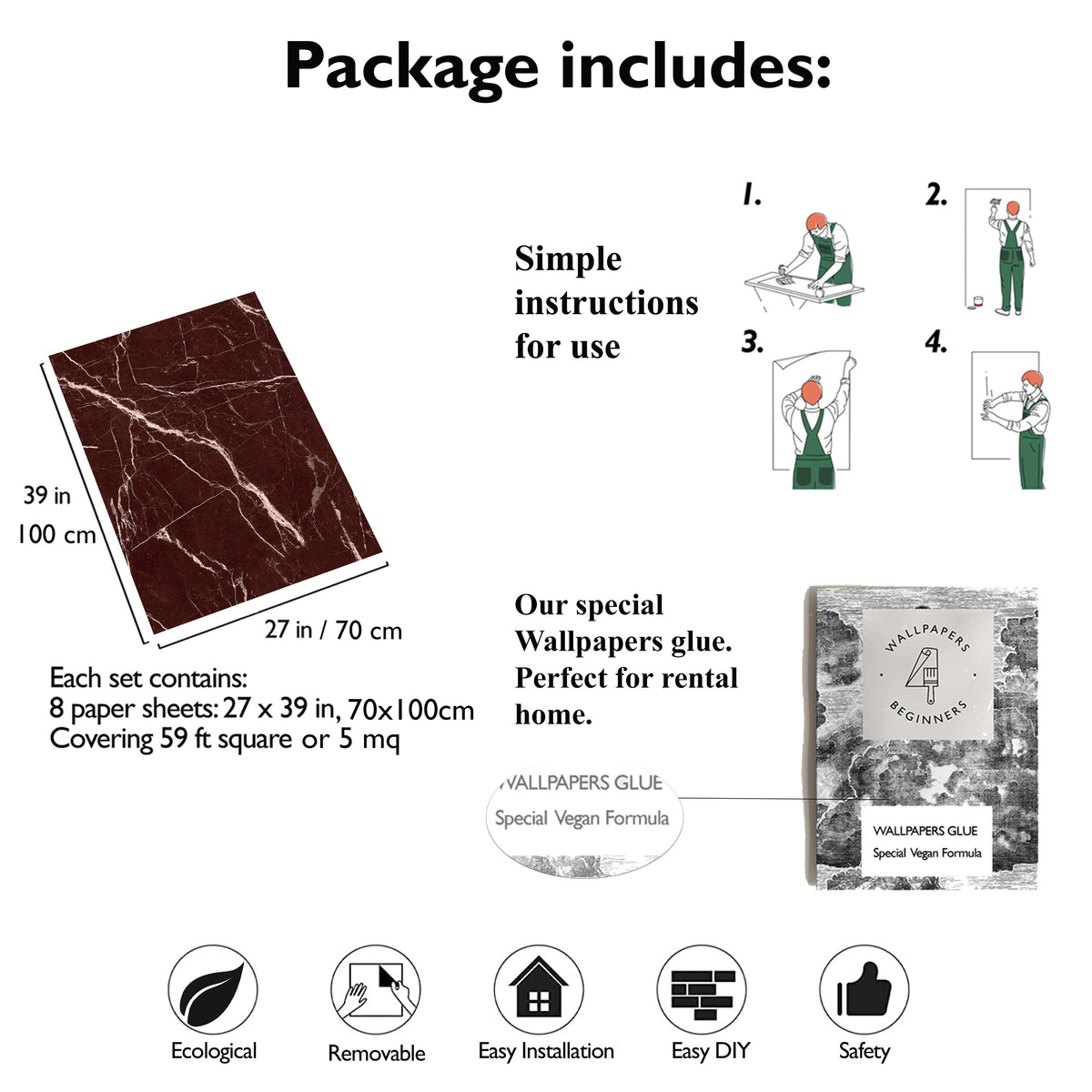 What the red marble wallpaper kit includes: 8 sheets, instructions and plant-based glue