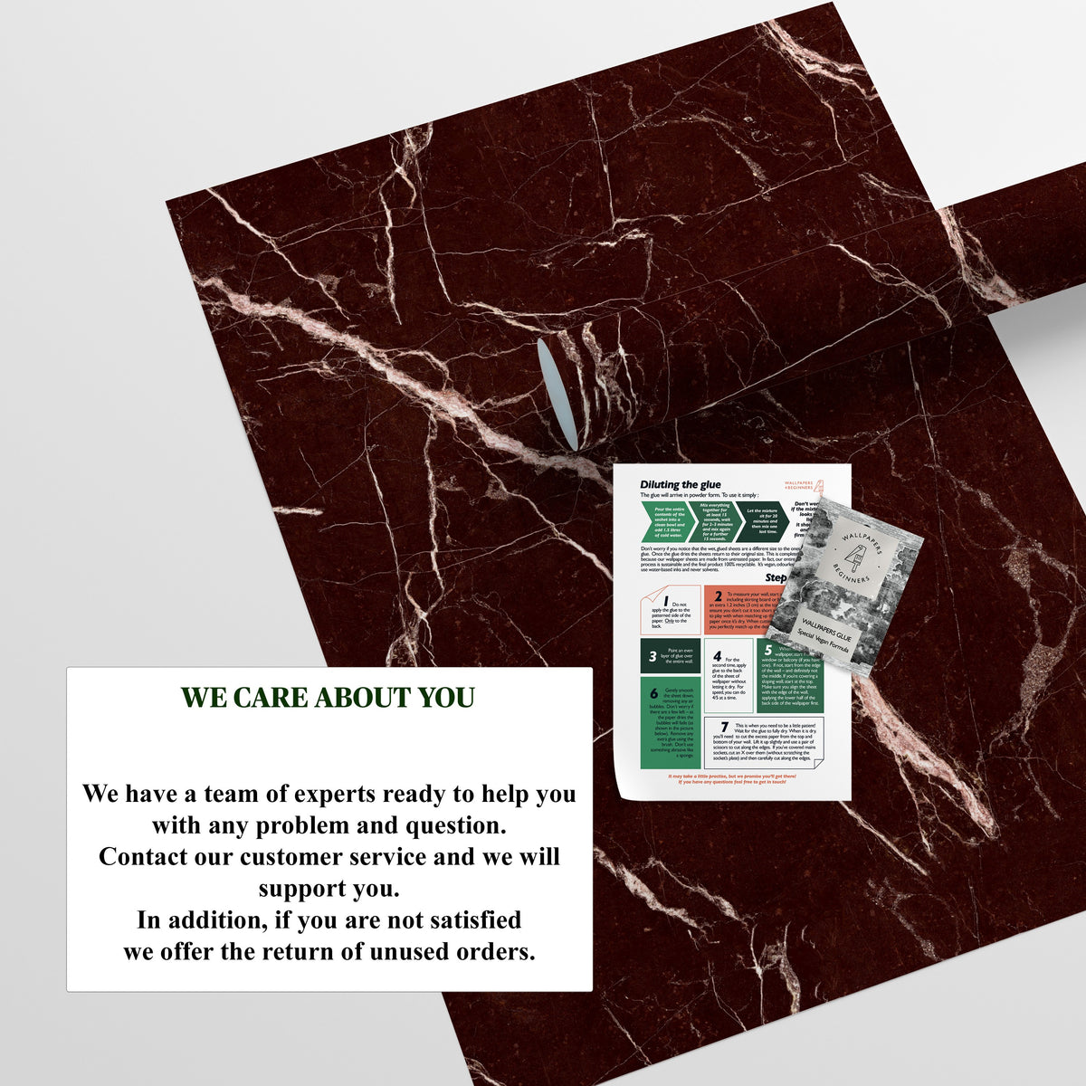 Red marble wallpaper sheets with hanging instructions
