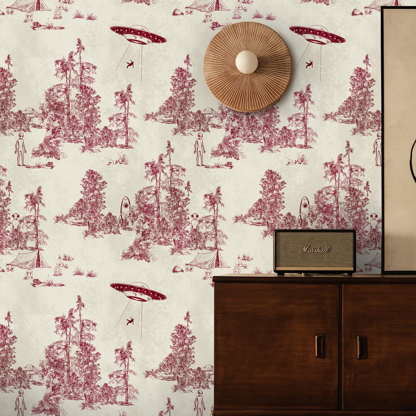 Alien Toile Wallpaper in Red Burgundy