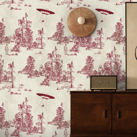 Alien Toile Wallpaper in Red Burgundy