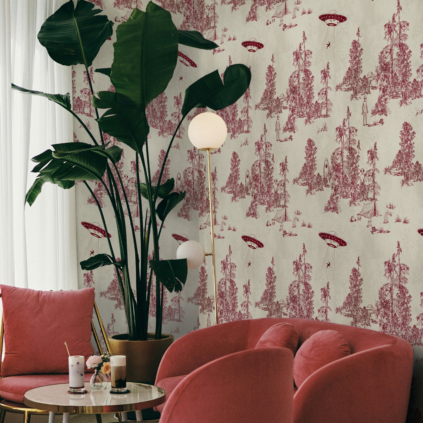 Alien Toile Wallpaper in Red Burgundy