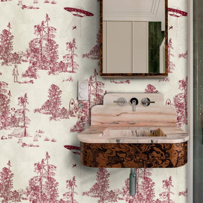 Alien Toile Wallpaper in Red Burgundy