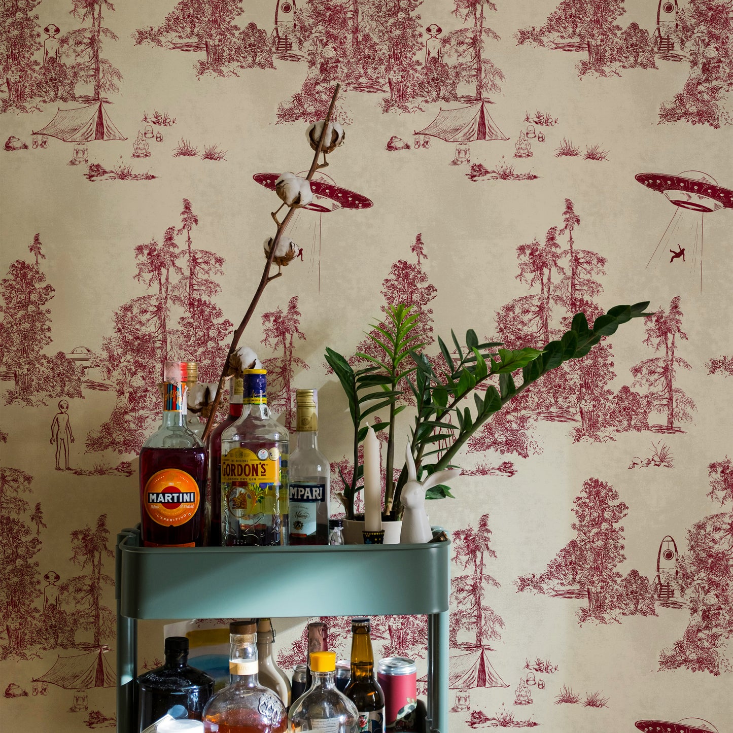 Alien Toile Wallpaper in Red Burgundy