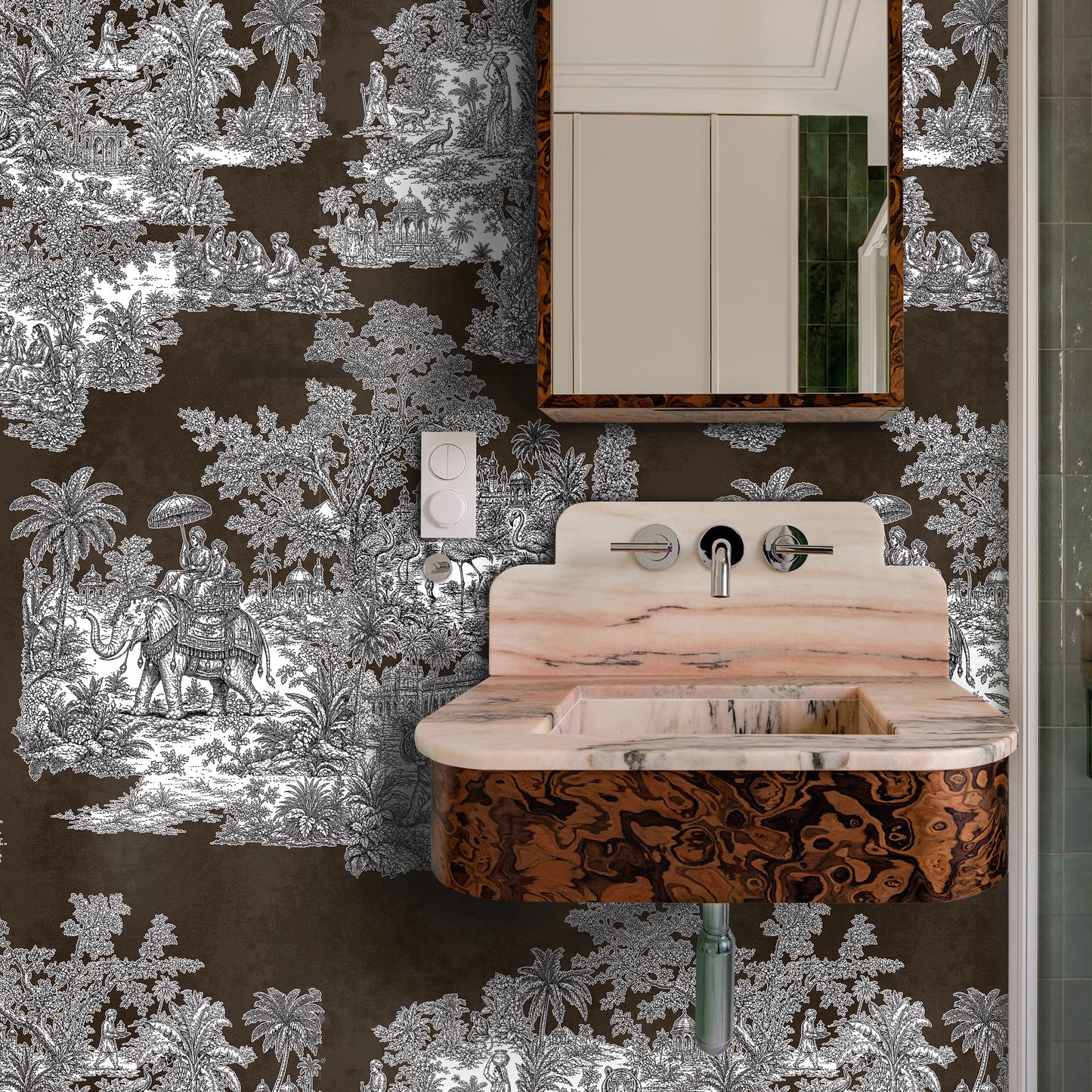 Varanasi Brown Indian Toile de Jouy Wallpaper