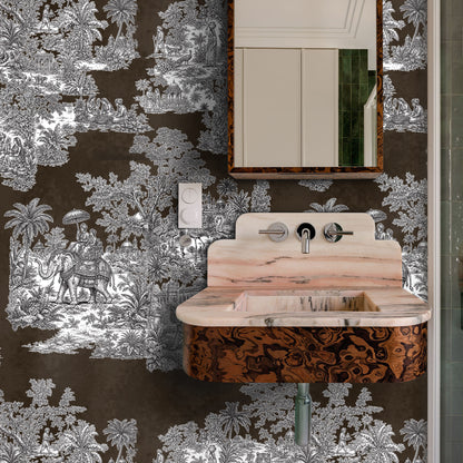 Varanasi Brown Indian Toile de Jouy Wallpaper