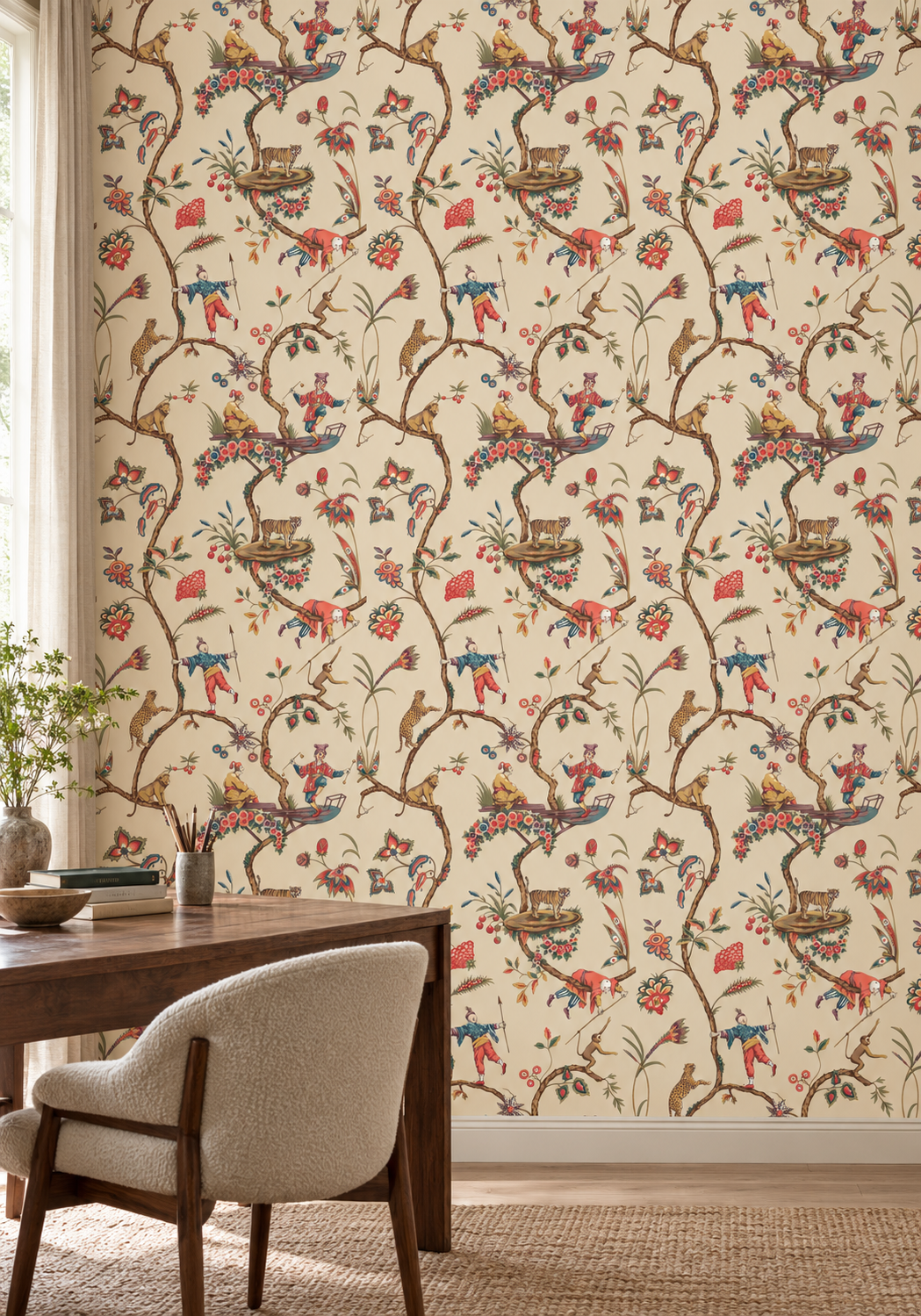 Vintage Chinoiserie Menagerie Wallpaper, Tigers and Monkeys on Cream