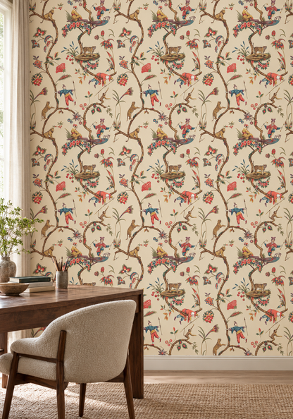 Vintage Chinoiserie Menagerie Wallpaper, Tigers and Monkeys on Cream