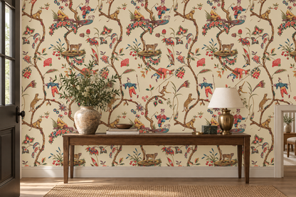 Vintage Chinoiserie Menagerie Wallpaper, Tigers and Monkeys on Cream