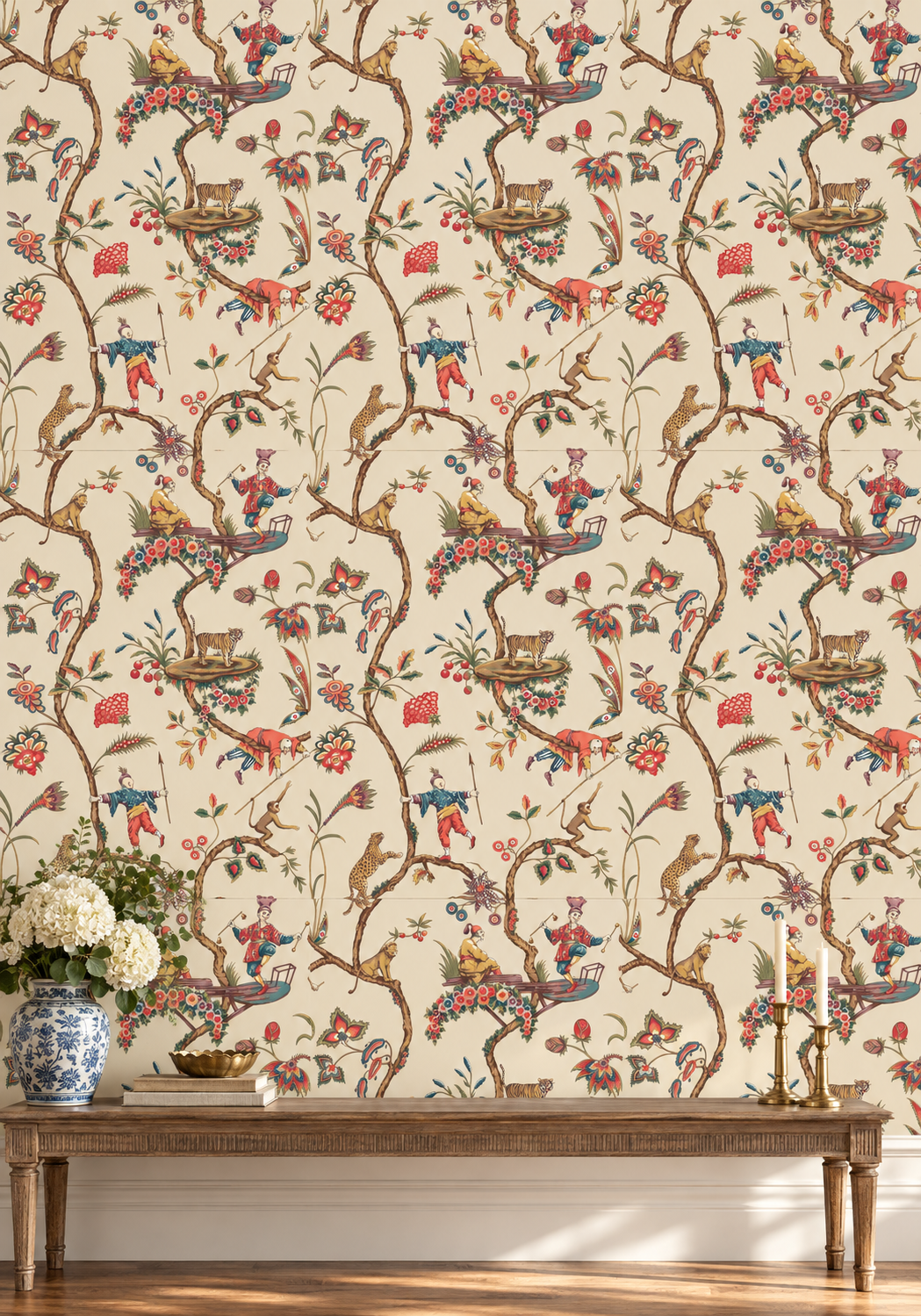 Vintage Chinoiserie Menagerie Wallpaper, Tigers and Monkeys on Cream