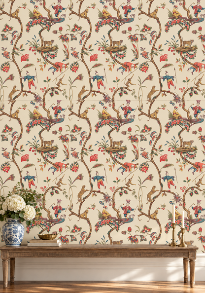 Vintage Chinoiserie Menagerie Wallpaper, Tigers and Monkeys on Cream