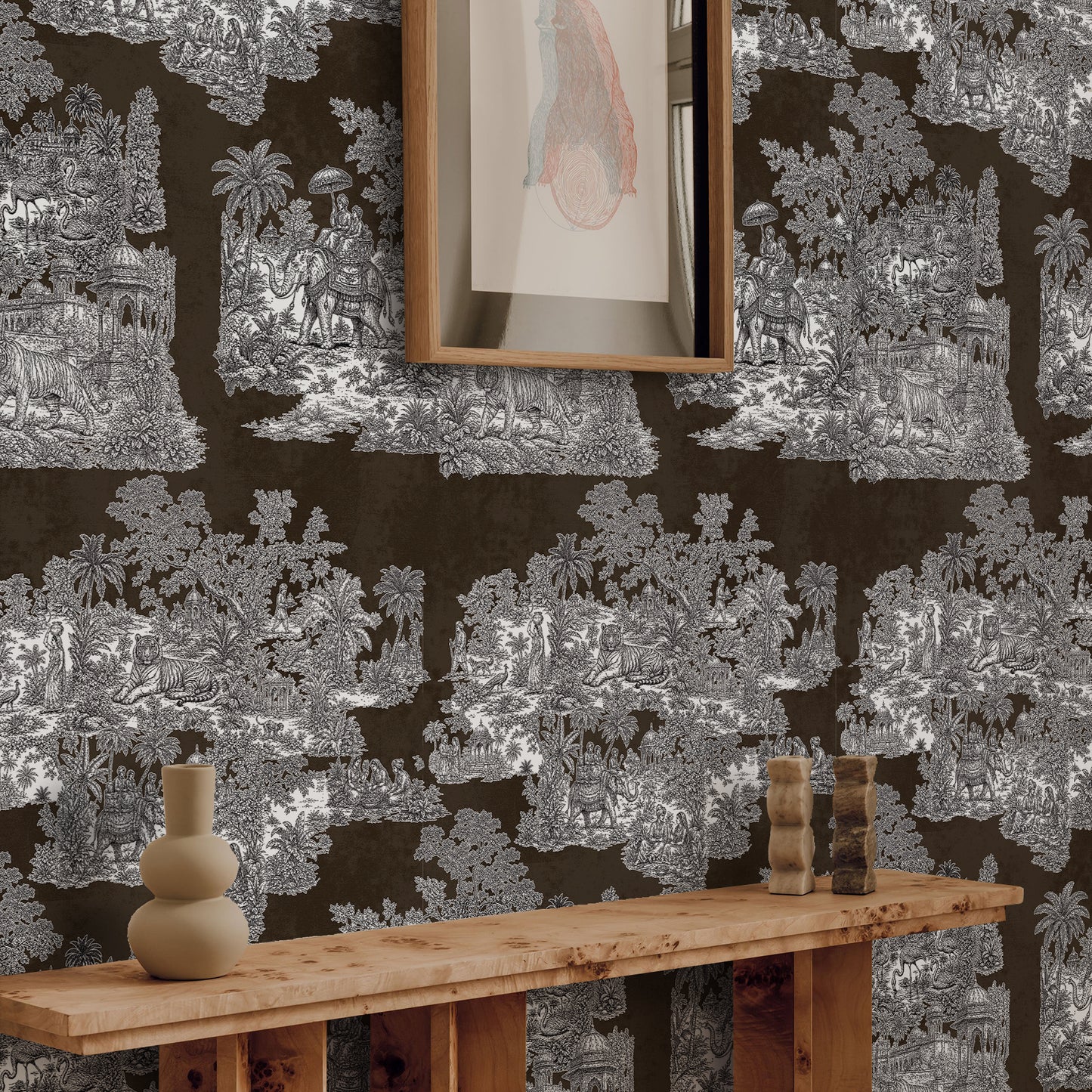 Varanasi Brown Indian Toile de Jouy Wallpaper