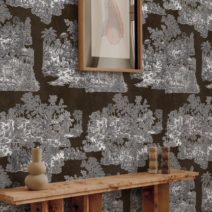 Varanasi Brown Indian Toile de Jouy Wallpaper