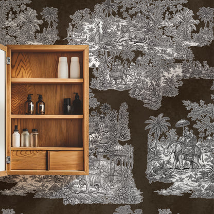 Varanasi Brown Indian Toile de Jouy Wallpaper