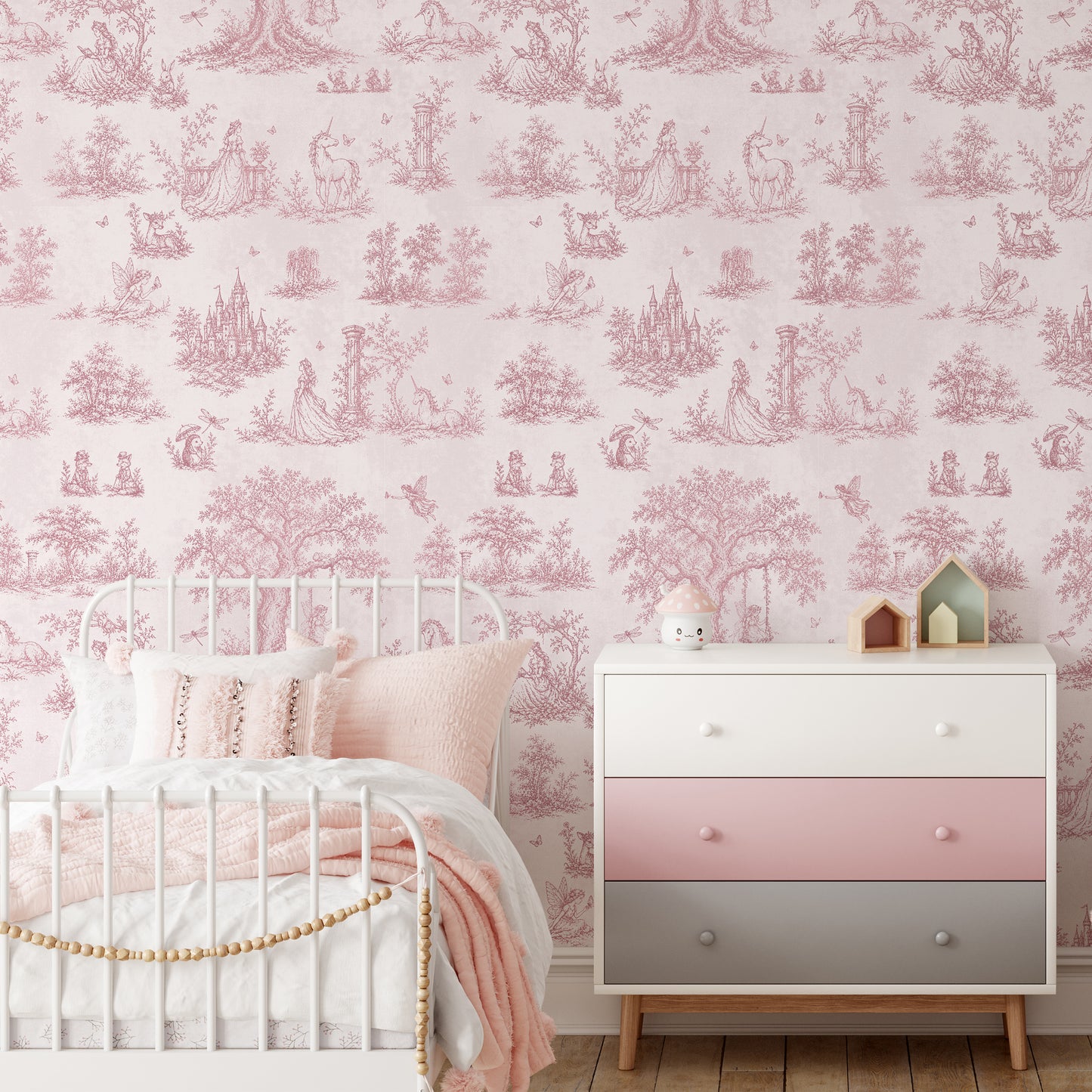 Pink Toile Wallpaper — Princess, Fairy & Unicorn Fairytale Nursery