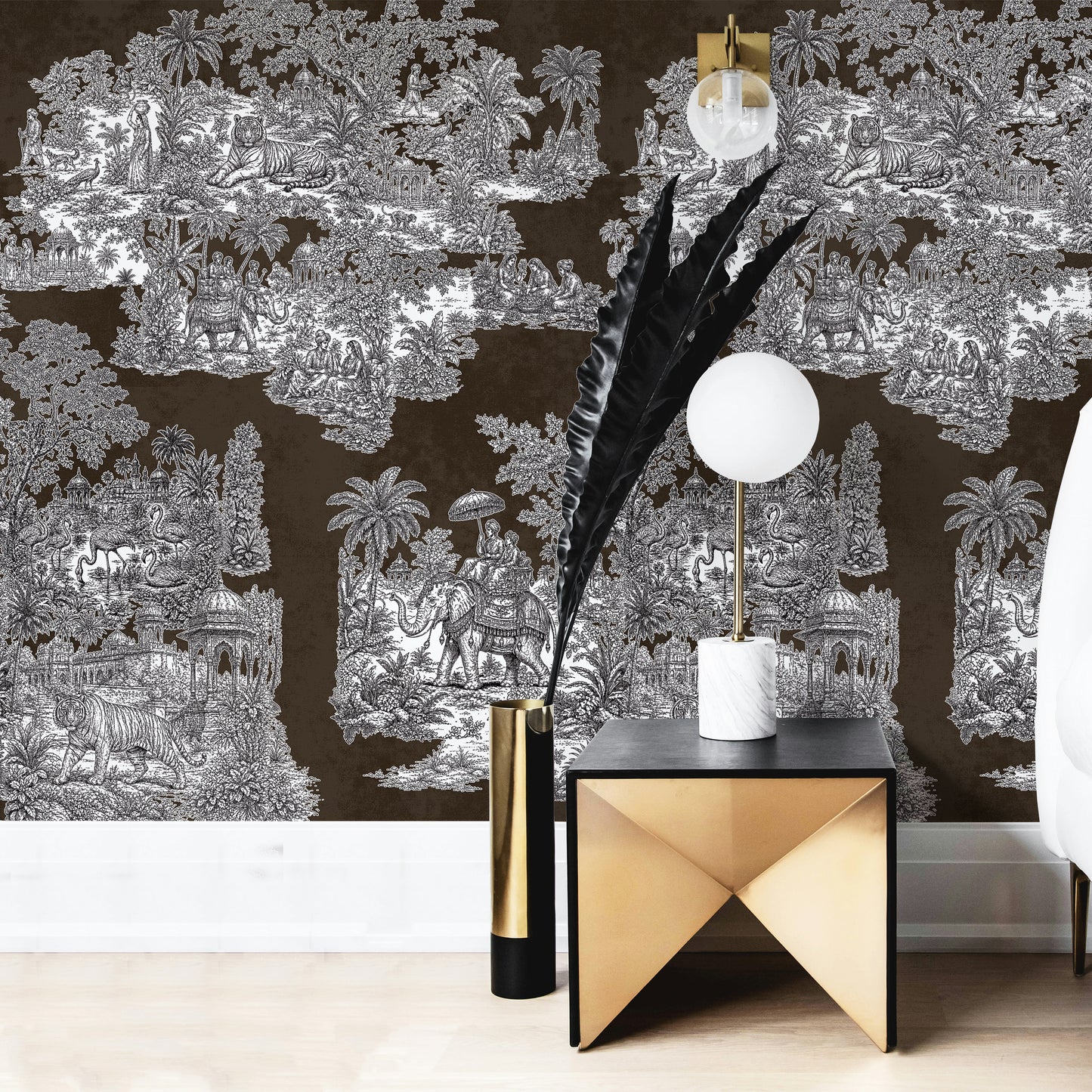 Varanasi Brown Indian Toile de Jouy Wallpaper