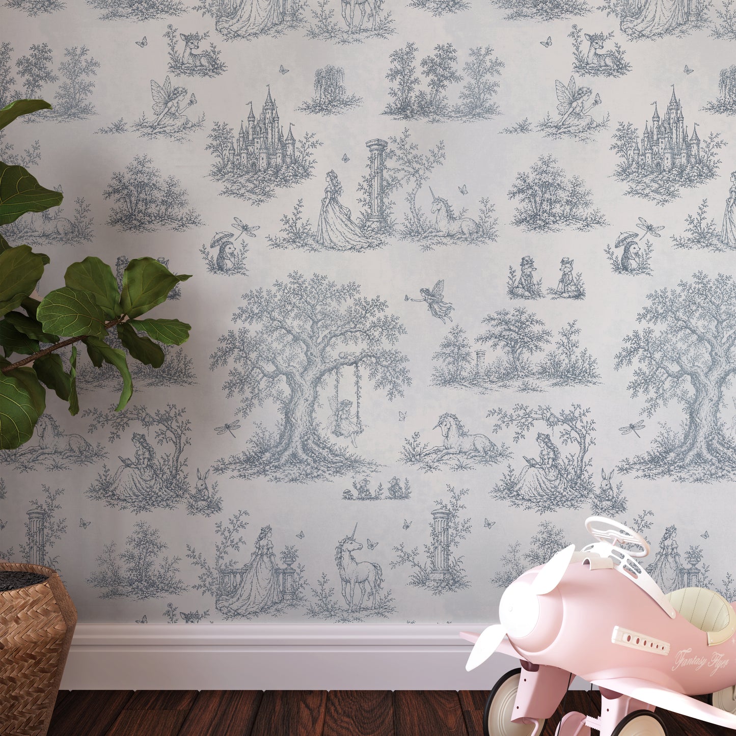 Carta da parati Toile de Jouy francese con principesse, fate, unicorni e castelli