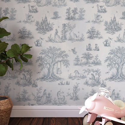 Carta da parati Toile de Jouy francese con principesse, fate, unicorni e castelli
