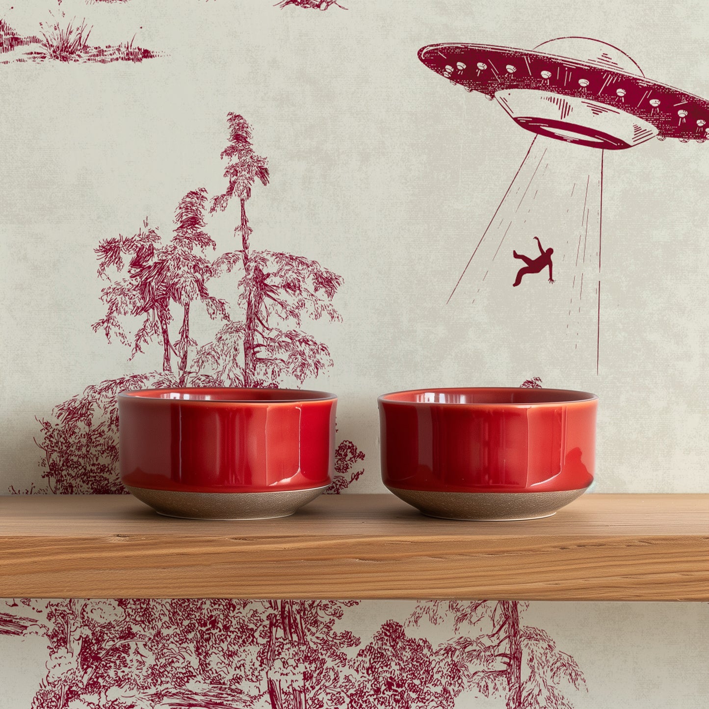 Alien Toile Wallpaper in Red Burgundy