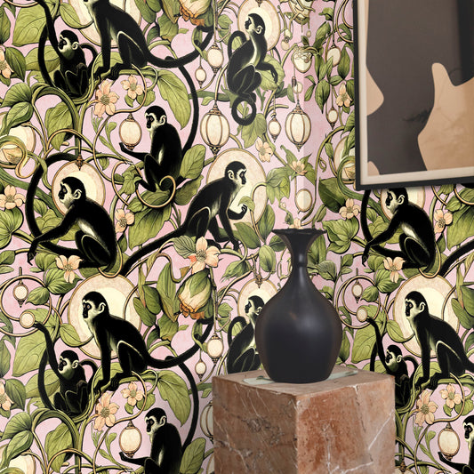 Playful Pink Monkeys and Lanterns Wallpaper on Pink Background