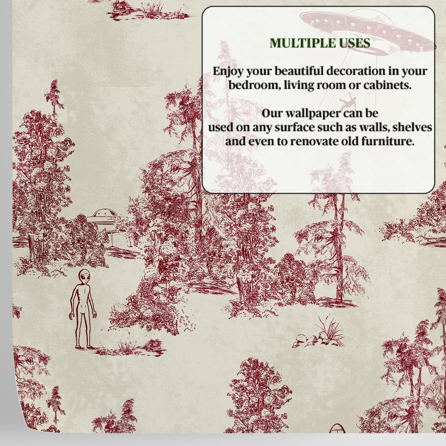 Alien Toile Wallpaper in Red Burgundy