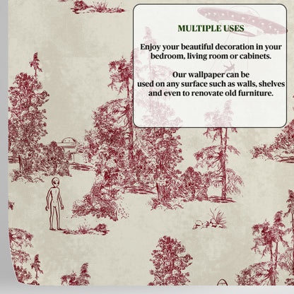 Alien Toile Wallpaper in Red Burgundy