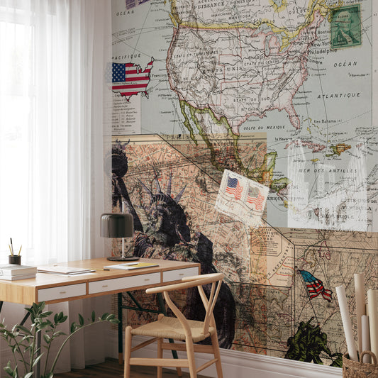 Vintage American Voyage: Statue of Liberty & Map Wallpaper