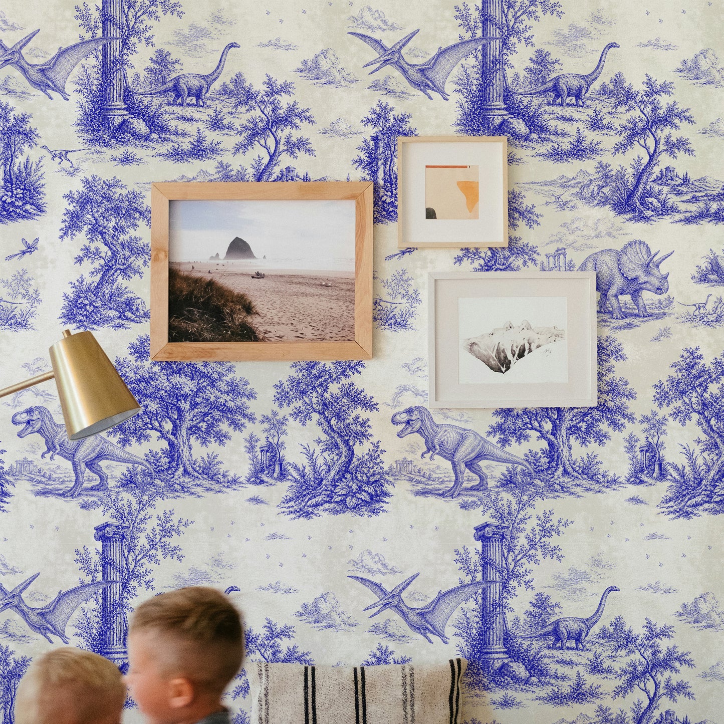 Blue Dinosaur Toile de Jouy Wallpaper