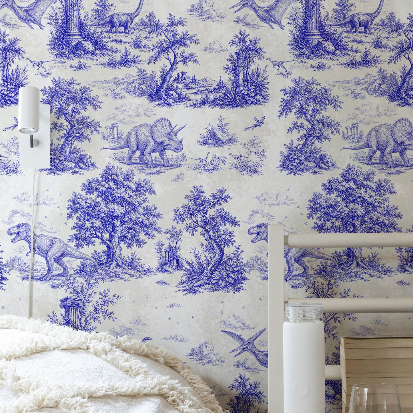 Blue Dinosaur Toile de Jouy Wallpaper