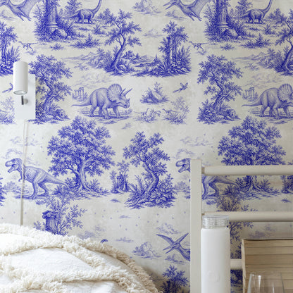 Blue Dinosaur Toile de Jouy Wallpaper