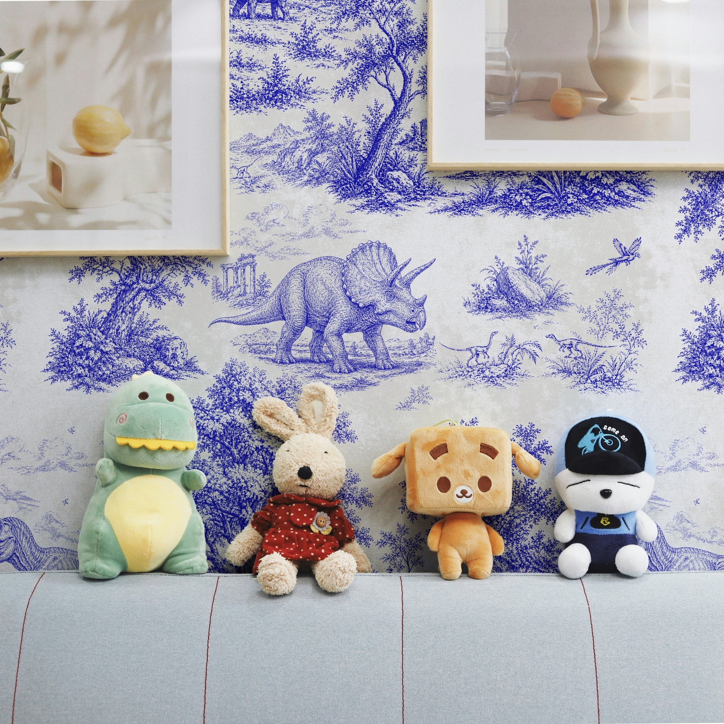 Blue Dinosaur Toile de Jouy Wallpaper