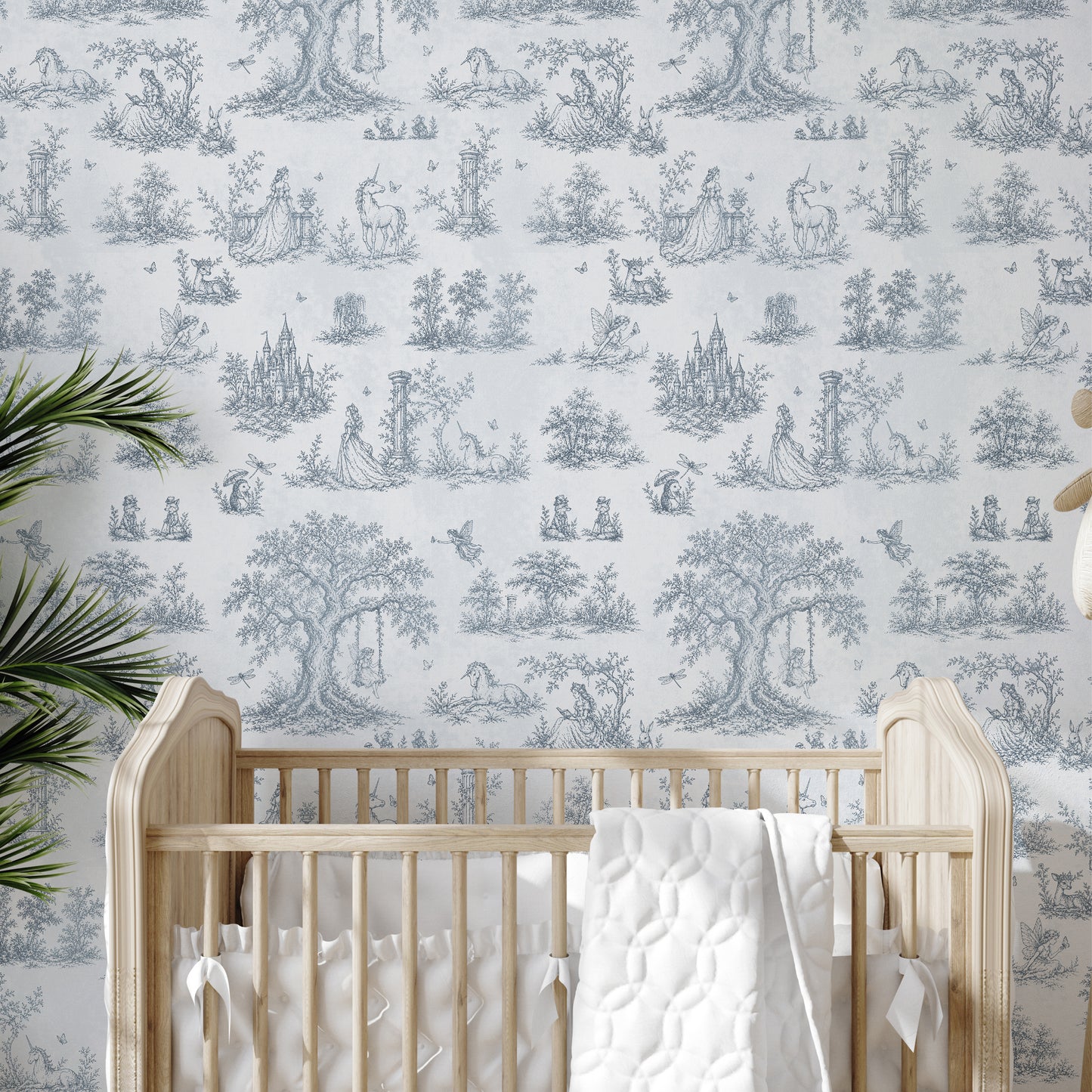 Carta da parati Toile de Jouy francese con principesse, fate, unicorni e castelli