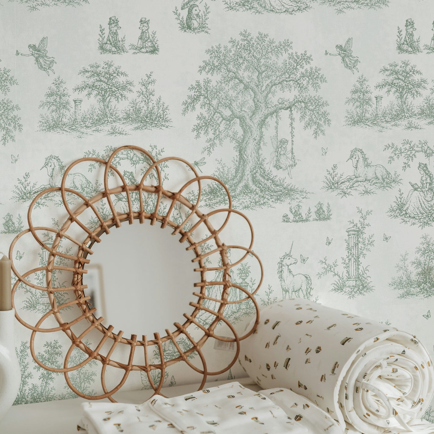Carta da parati Toile de Jouy francese con principesse, fate, unicorni e castelli