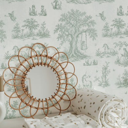 Carta da parati Toile de Jouy francese con principesse, fate, unicorni e castelli