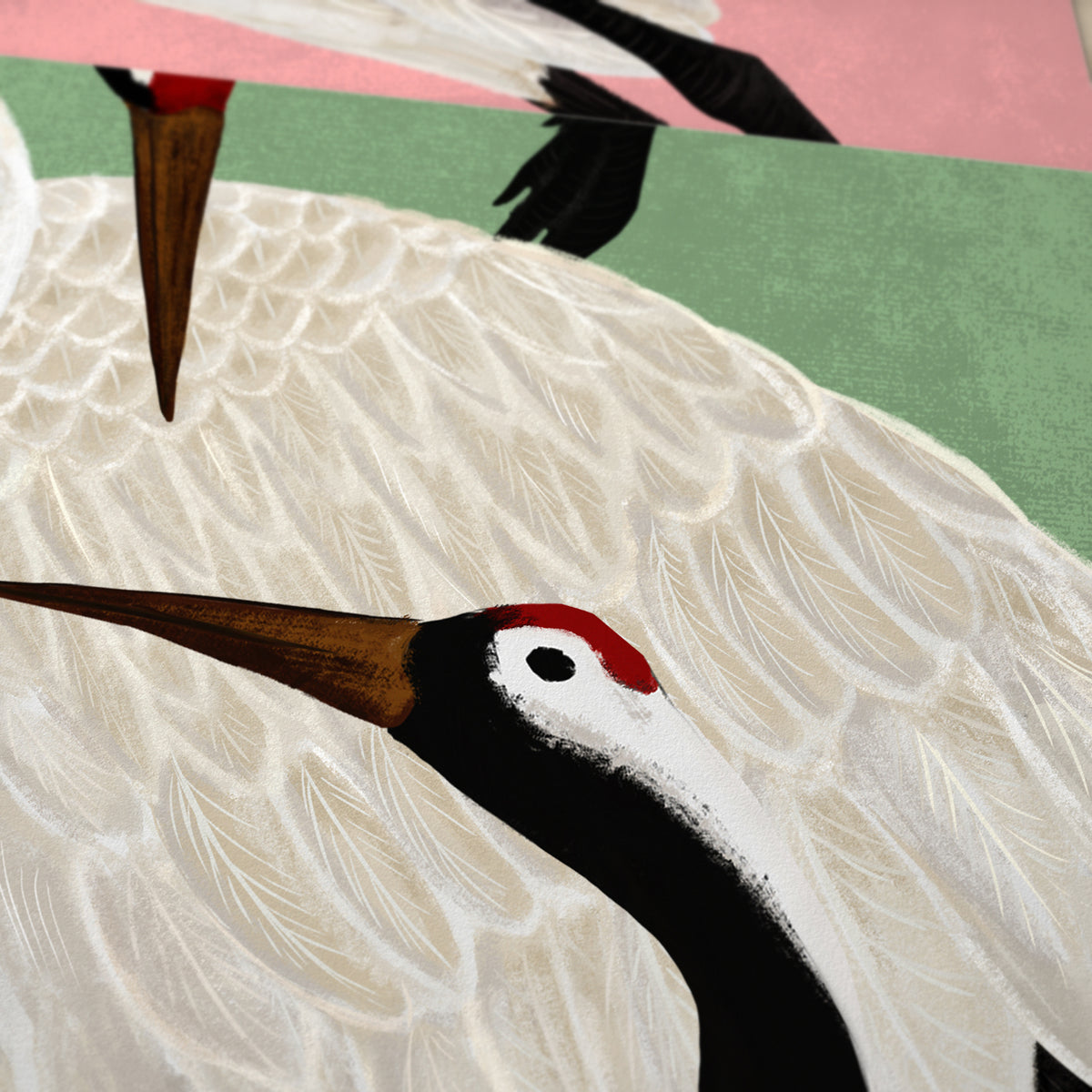 Close-up of the matte paper texture of two heron wallpaper samples