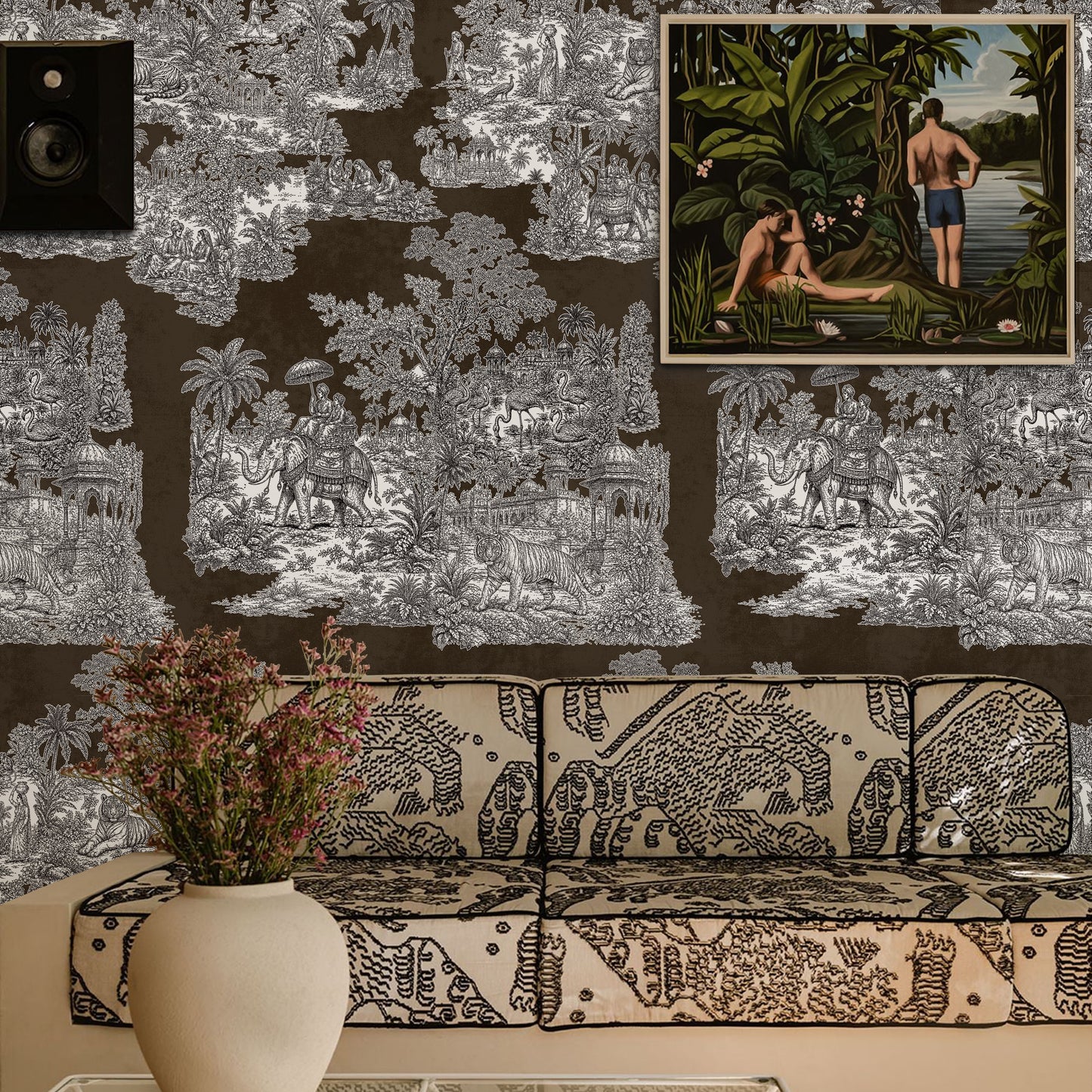 Varanasi Brown Indian Toile de Jouy Wallpaper