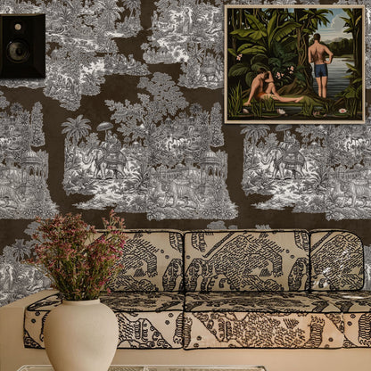 Varanasi Brown Indian Toile de Jouy Wallpaper