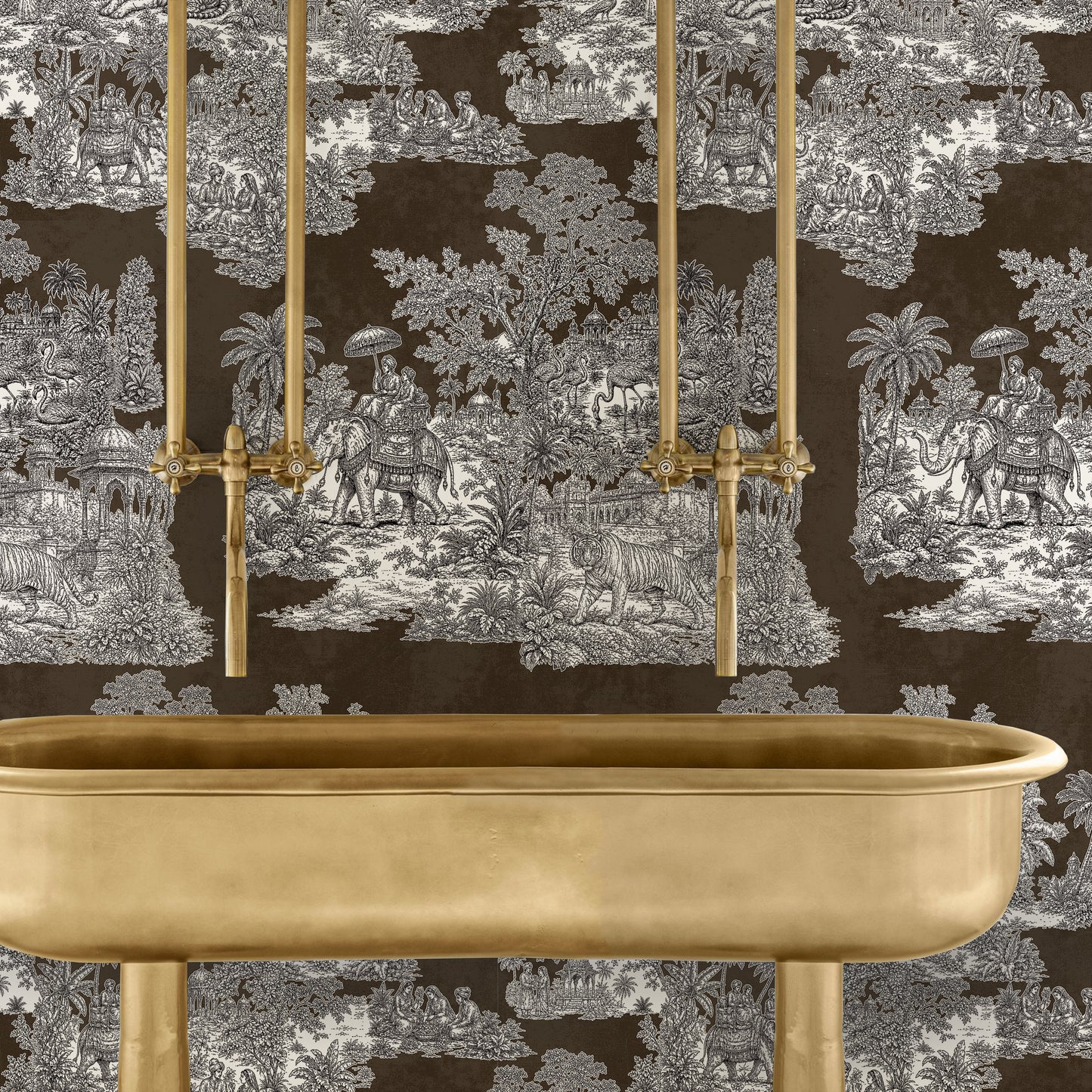Varanasi Brown Indian Toile de Jouy Wallpaper