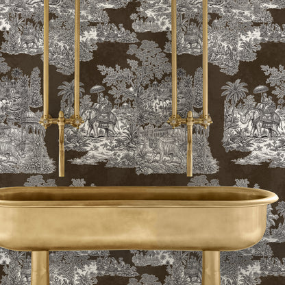 Varanasi Brown Indian Toile de Jouy Wallpaper