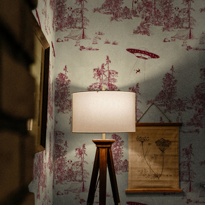 Alien Toile Wallpaper in Red Burgundy