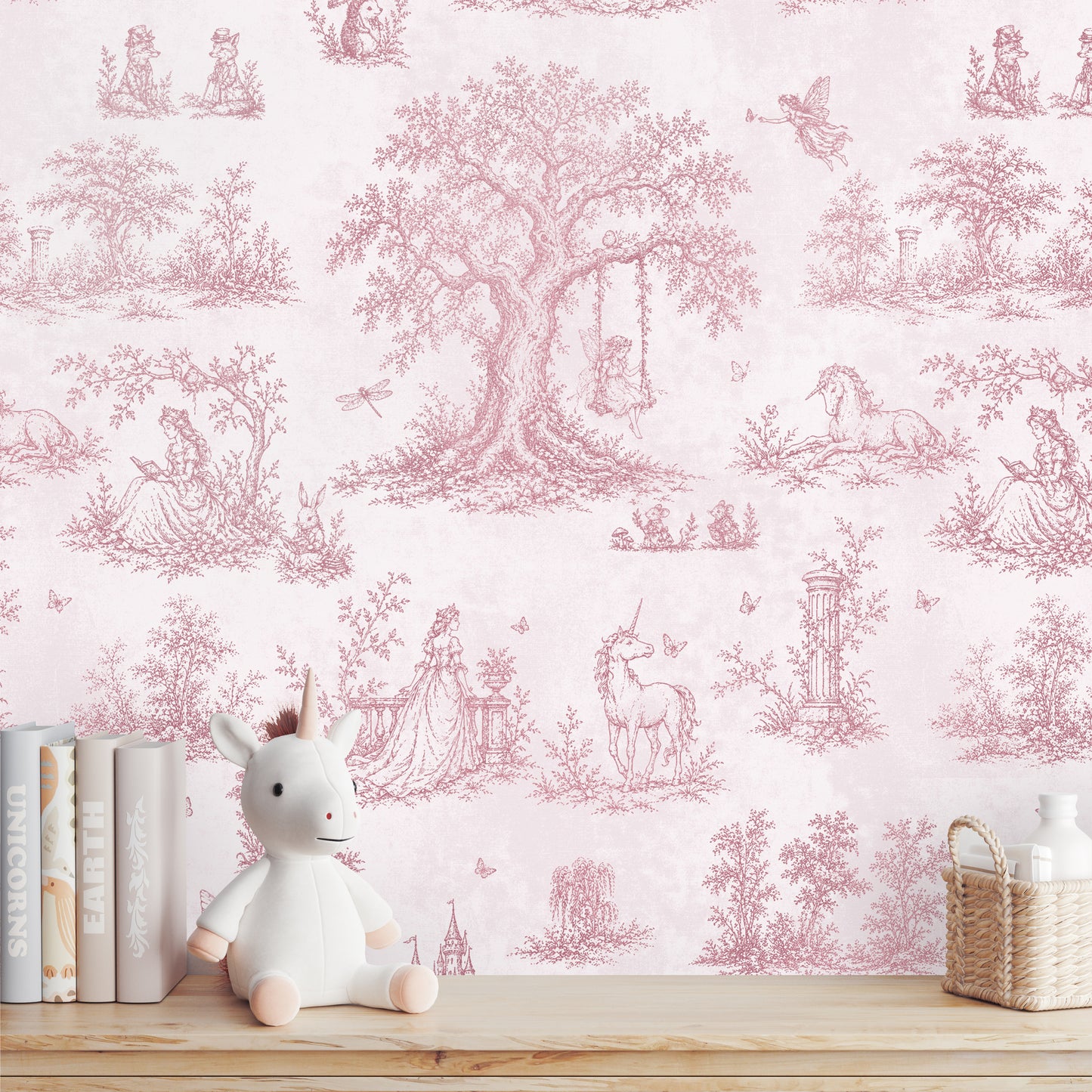 Pink Toile Wallpaper — Princess, Fairy & Unicorn Fairytale Nursery