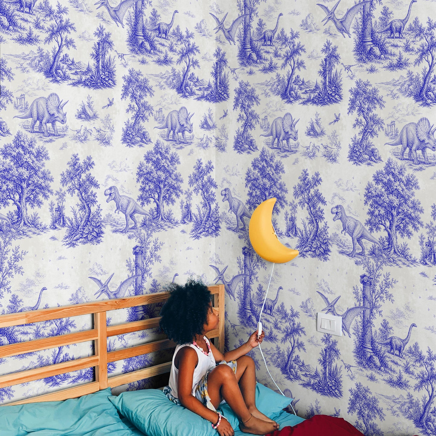 Blue Dinosaur Toile de Jouy Wallpaper